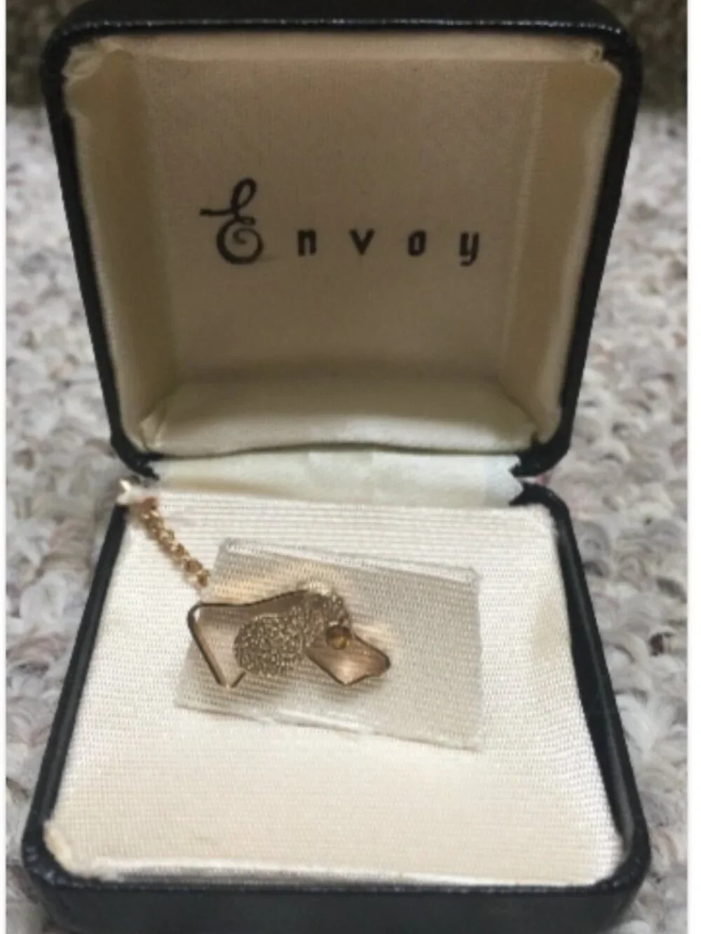 Vintage Envoy Dog Tie Tack-Screw Back in Original Box-Gold Colored with Stone